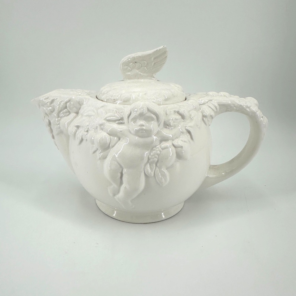 Vintage White Ceramic Cherub Angel Relief Teapot w/ Lid FWC Decorative